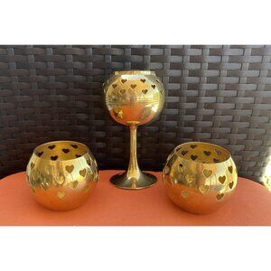 3 Vintage Brass Heart Cutout Votives 6” Height 2 3/4” Height